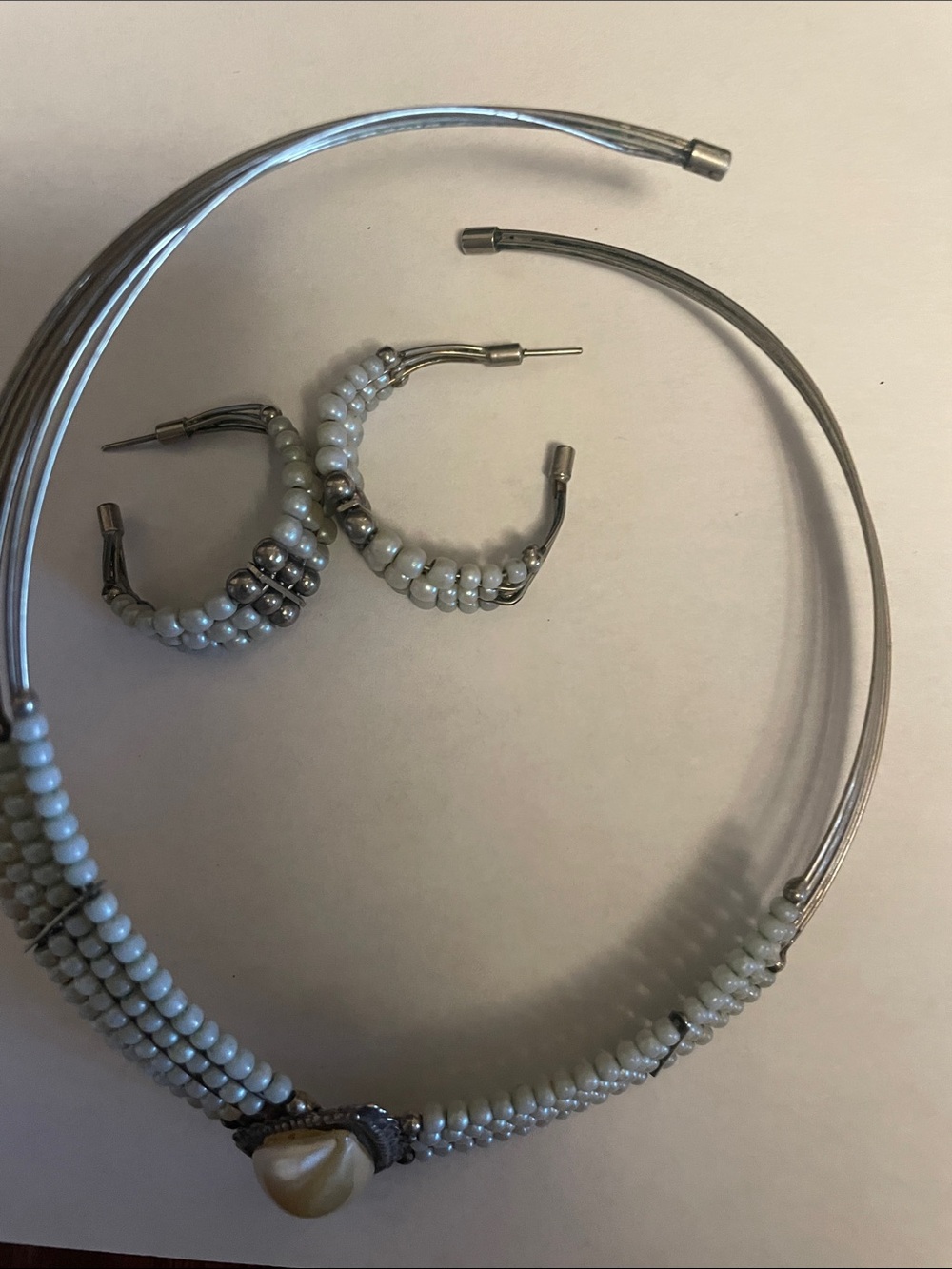 Pearl Bead Hoop Necklace and Earrings Set - White and Silver